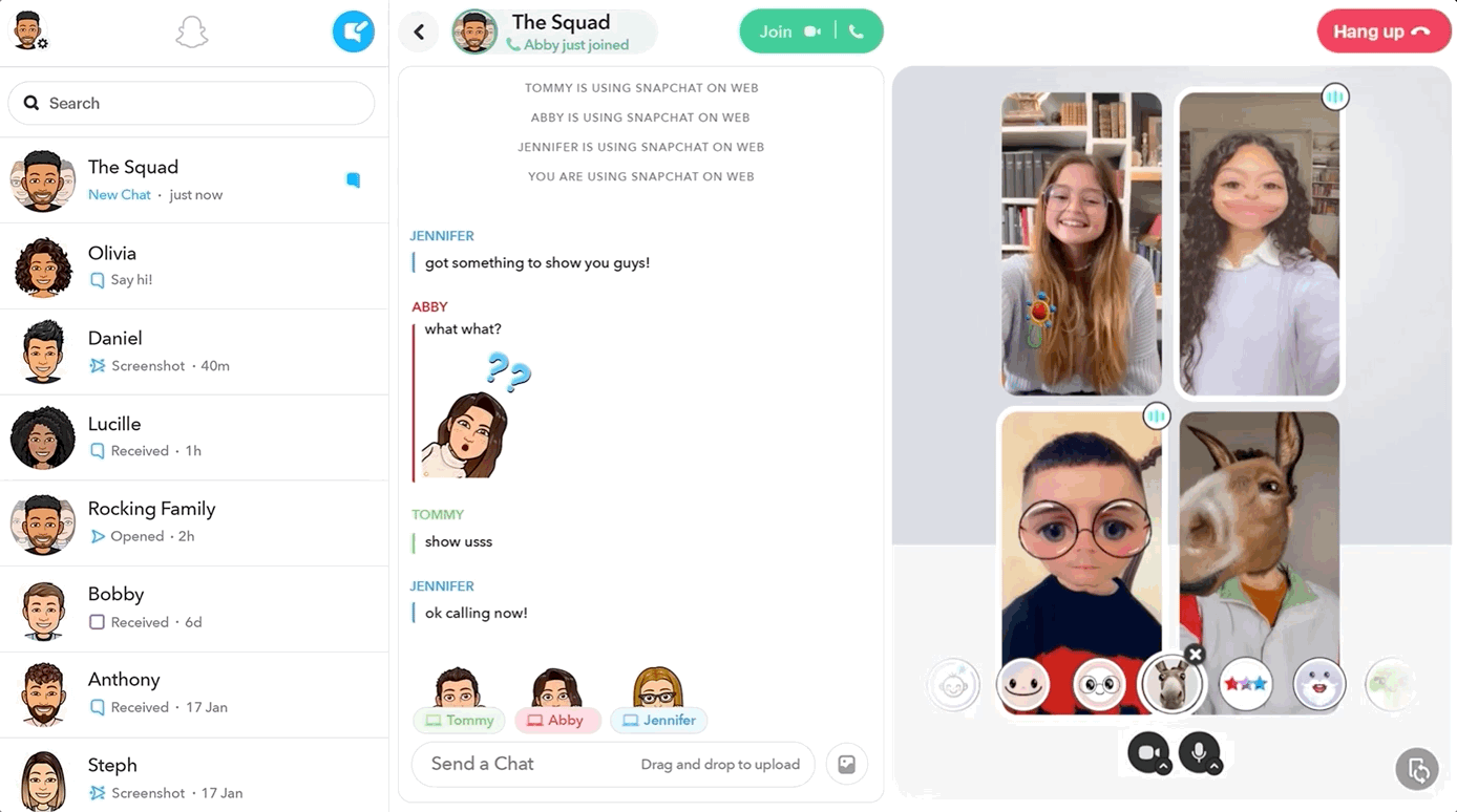 SnapChat screenshots with conversations and video call with filters