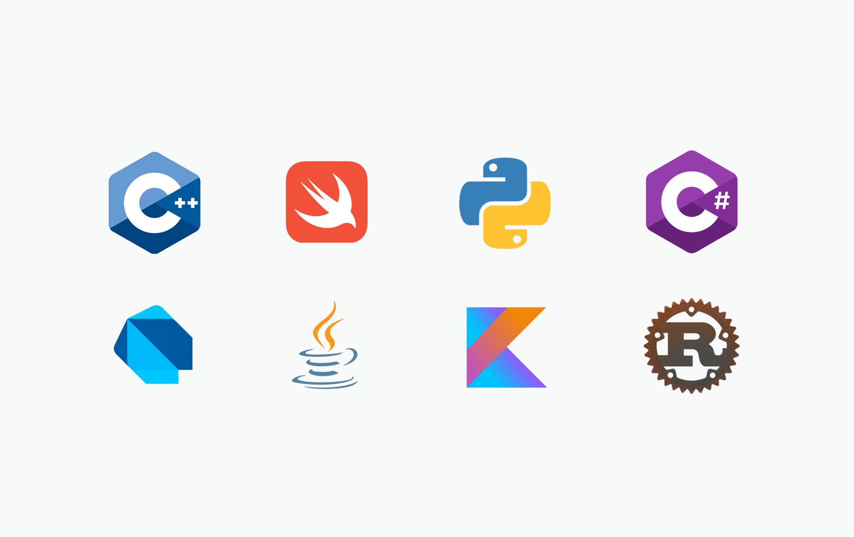 Logos  for C++, Swift, Python, C#, Dart,  Java, Kotlin, Rust