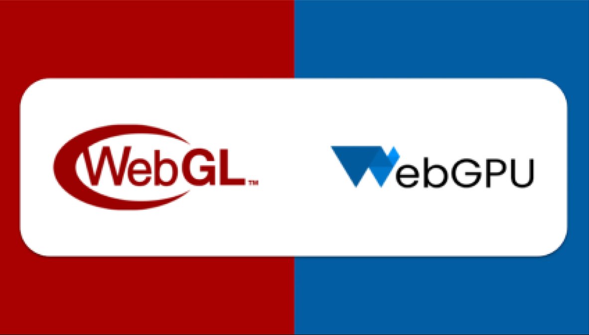 WebGL logo on red background and WebGPU logos on blue background